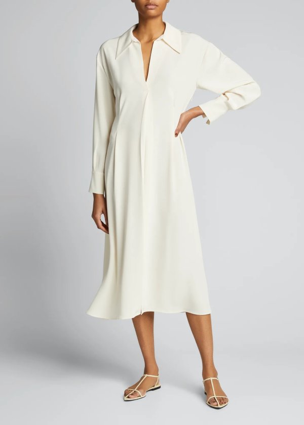Long-Sleeve Draped-Collar Midi Dress