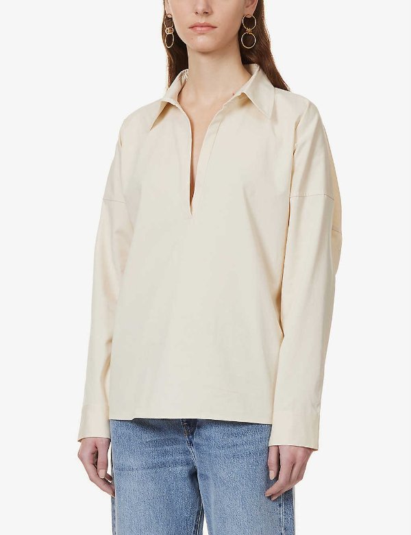 V-neck long-sleeved organic-cotton shirt