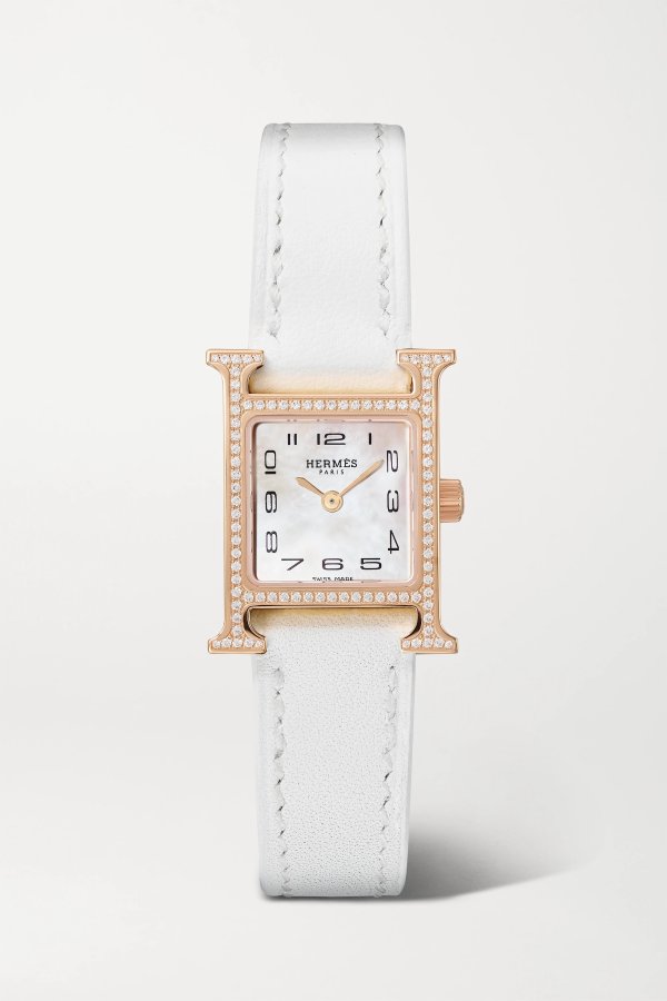 Heure H 17.2mm very small rose gold-plated, leather, mother-of-pearl and diamond watch