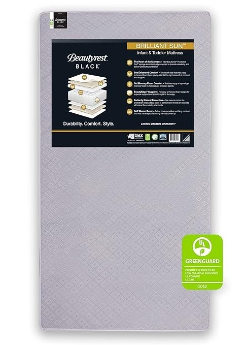 Beautyrest Beginnings Black Brilliant Sun 2-Stage Premium Crib and Toddler Mattress with Plant-Based Soy Foam and Gel Memory Foam - GREENGUARD Gold Certified - Trusted - Made in USA