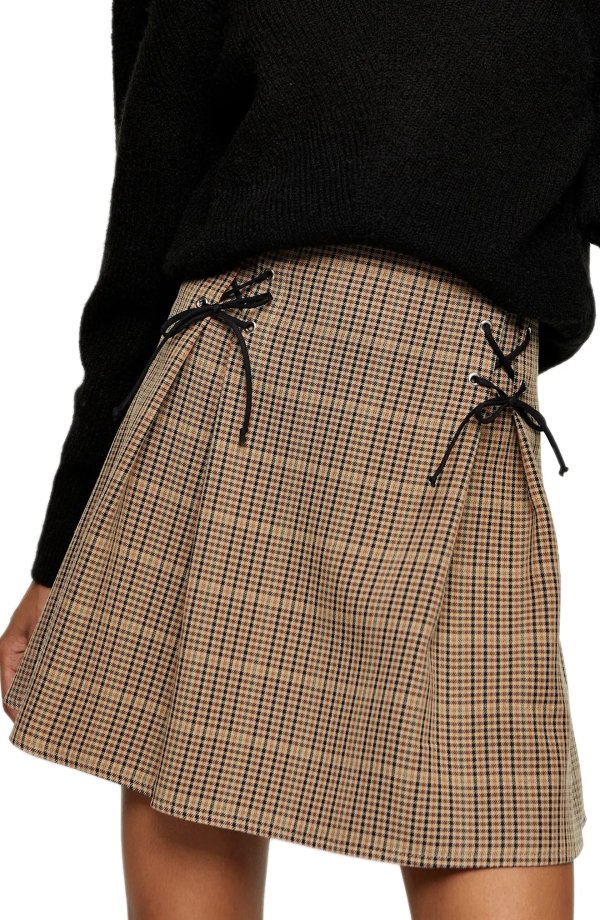 Lace-Up Check Miniskirt