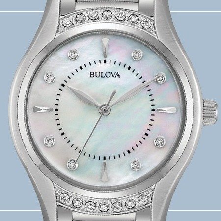 Bulova 镶钻贝母女表，16颗钻石装点时标和表壳