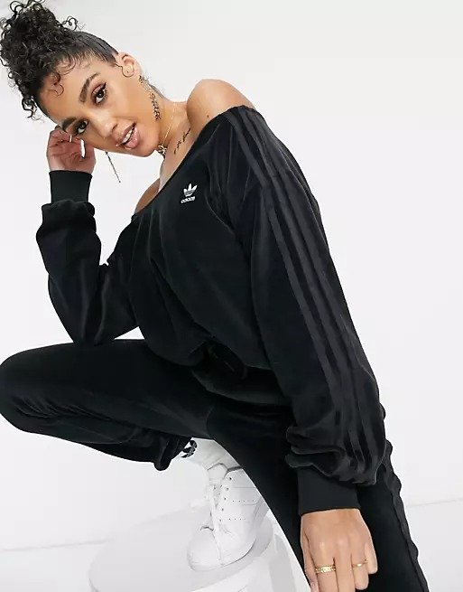 'Relaxed Risque' velour off the shoulder sweatshirt in black