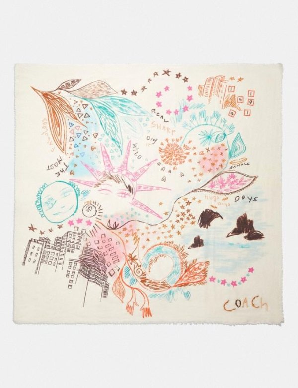 Embroidered Dream Doodle Print Oversized Square Scarf