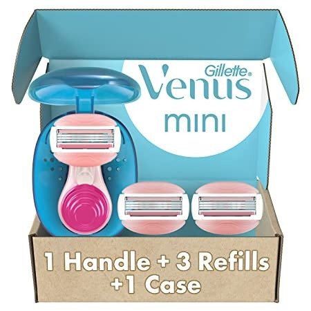 Gillette Venus Mini ComfortGlide White Tea Razors for Women, Includes 1 Venus Razor Mini Handle, 3 Razor Blade Refills, 1 Travel Case