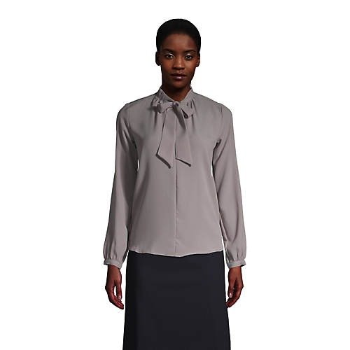 Women's Polyester Crepe Long Sleeve Tie Neck Popover Blouse