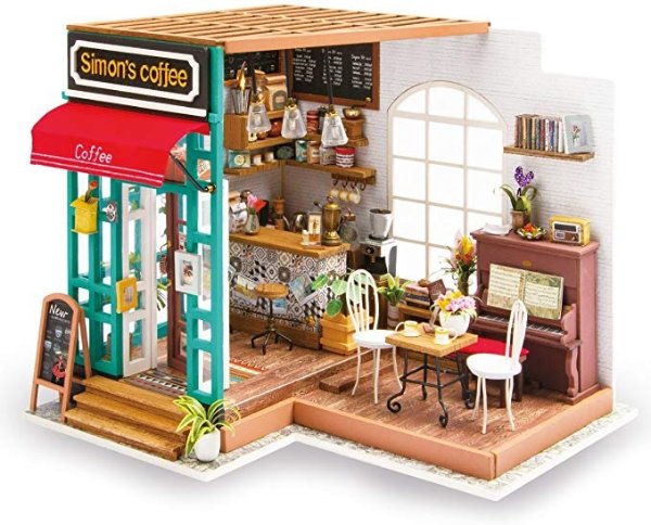 Wooden Mini House Crafts-DIY Model Kits with Furniture and Accessories- Handmade Construction Kit-Wooden Playset-Best Birthday for Boys and Girls (09 Coffee Shop)