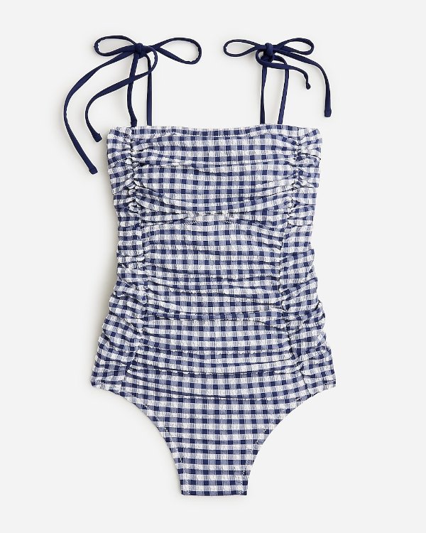 Ruched tie-shoulder one-piece swimsuit in gingham