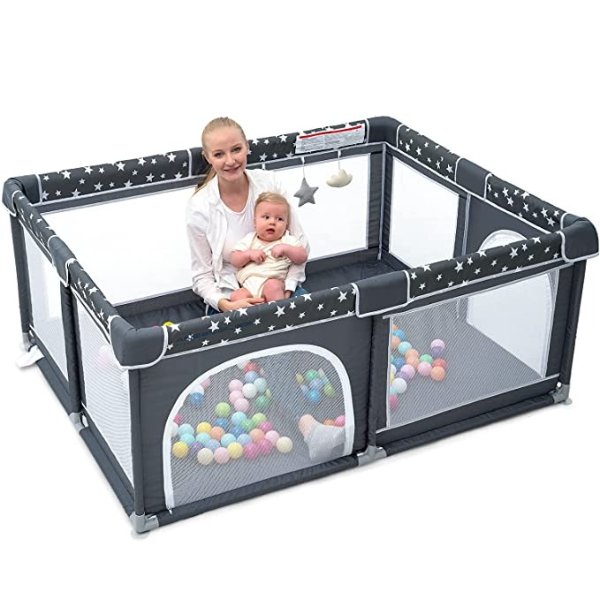 Baby Playpen, Large Baby Playard, Play Pen for Babies and Toddlers with Gate, Indoor & Outdoor Play Area for Infants, Kids Safety Play Yard with Star Print (Black, 63"×47")