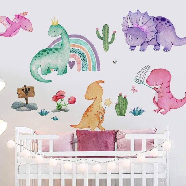 Yovkky Watercolor Girls Dinosaur Wall Decals Stickers, Dino Rainbow Cactus Nursery Decor,