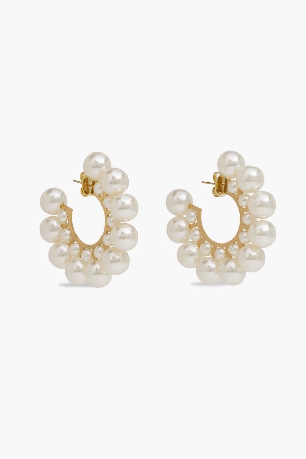 14-karat gold-plated faux pearl hoop earrings