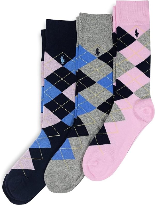 Men's Argyle Pattern Dress Crew Socks-3 Pair Pack-Soft Lightweight Cotton Comfort