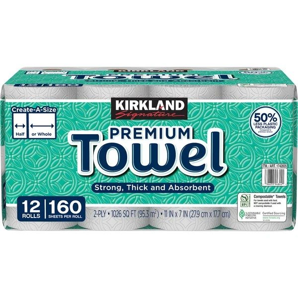 Kirkland Signature 2-Ply Paper Towels, White, 160 Create-A-Size Sheets, 12 ct
