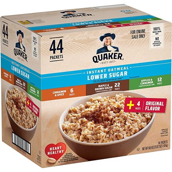 Instant Oatmeal Lower Sugar, 4 Flavor Variety Pack (44 Pack)