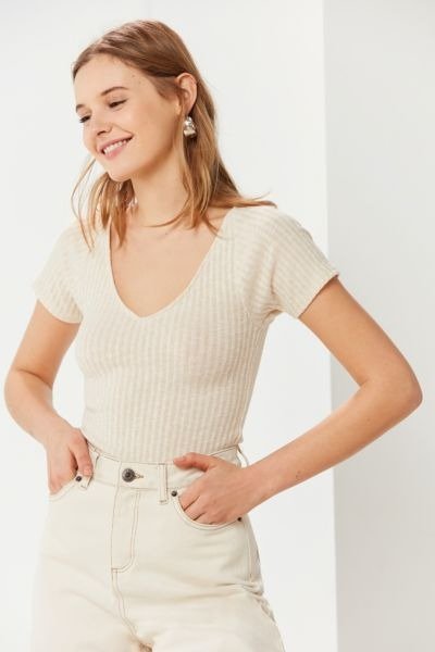 UO Laurie Ribbed-Knit Short Sleeve Sweater