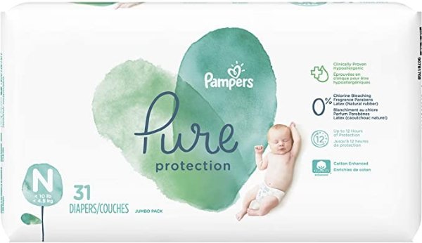 Diapers Newborn/Size 0 (<10 lb), 31 Count - Pampers Pure Protection Disposable Baby Diapers, Jumbo Pack