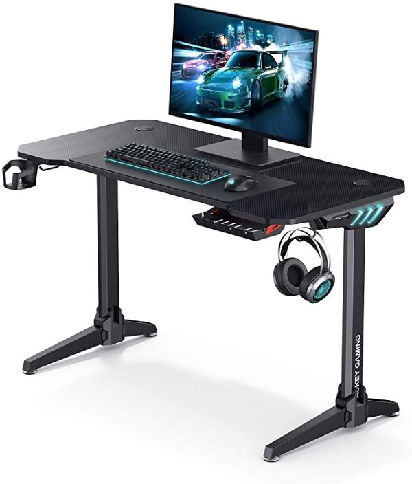 45" Ergonomic Gaming Desk, T-Shaped Office PC Computer Desk, RGB Lighting, Cup Holder Headphone & Speaker Hook, Cabling Management for Home & Office