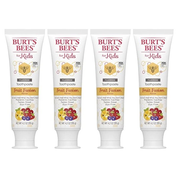 's Bees Kids Toothpaste with Fluoride, Fruit Fusion, 4.2 oz, Pack of 4