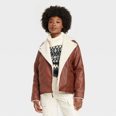 Women's Oversized Faux Leather Moto Jacket - Universal Thread™ Brown