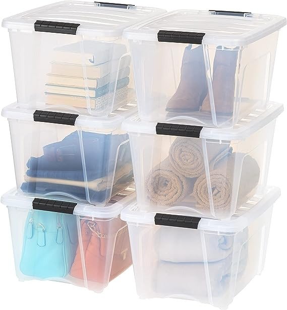 USA 6 Pack 32qt Clear View Plastic Storage Bin with Lid and Secure Latching Buckles