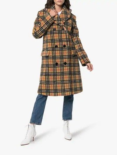 double-breasted check faux shearling coat