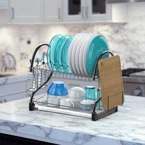 Veckle 2 Tier Dish Rack with Removable Drain Board Dish Drainer Utensil Holder