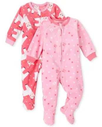 Baby And Toddler Girls Long Sleeve Llama And Dot Print Fleece Footed One Piece Pajamas 2-Pack