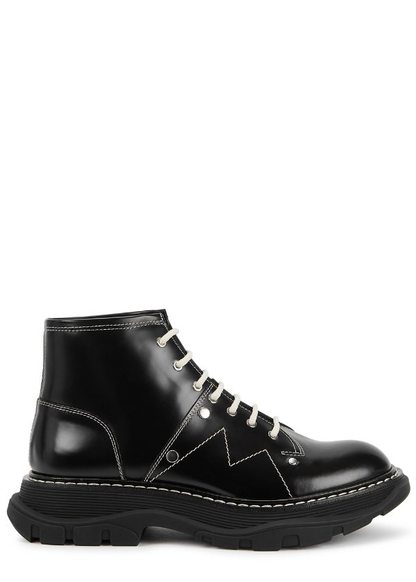Tread black leather ankle boots