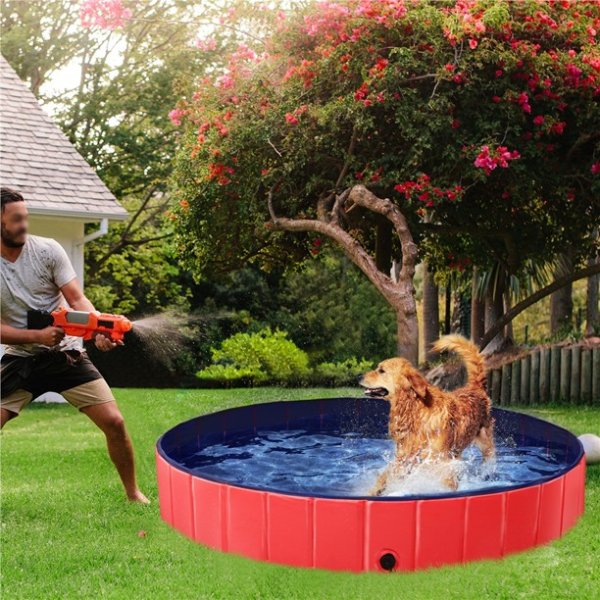 Foldable Pet Swimming Pool Dogs/Cats Bath Tub PVC Water Pond Portable Wash Tub for Garden,63'', Red