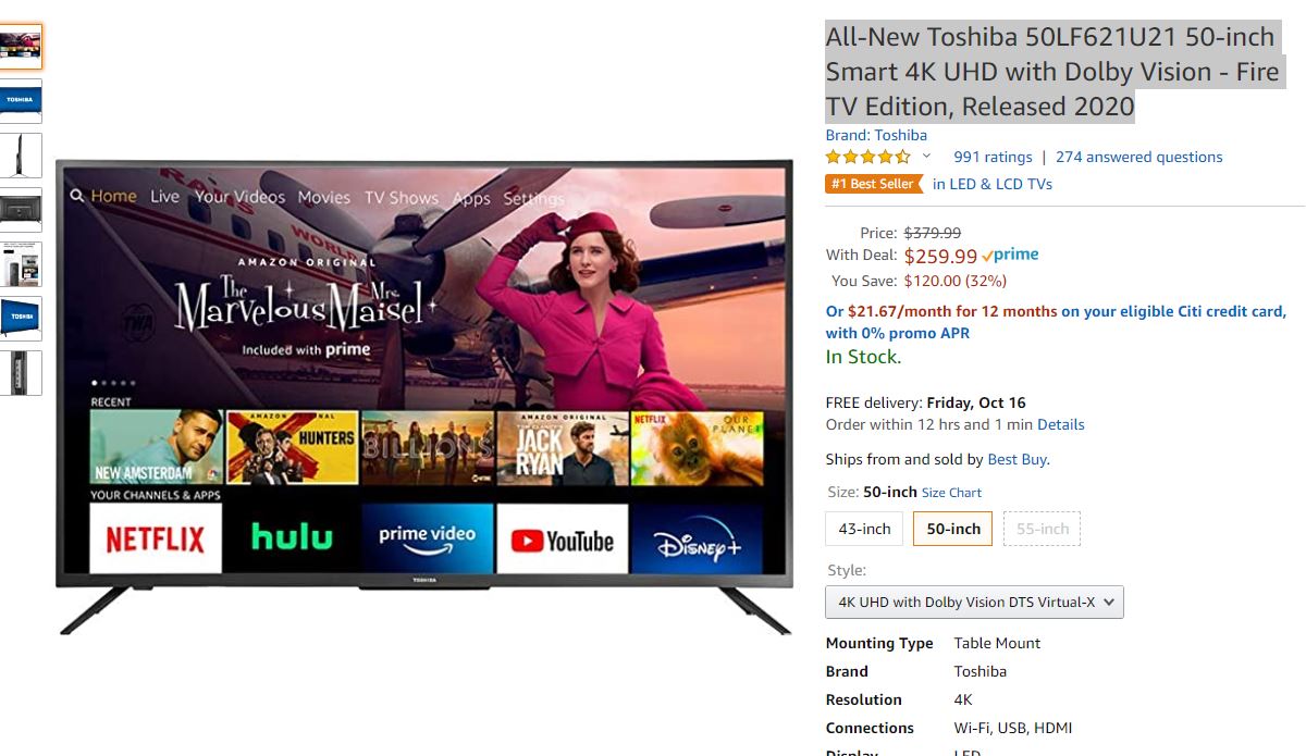 All-New Toshiba 50LF621U21 50-inch Smart 4K UHD with Dolby Vision - Fire TV Edition, Released 2020电视