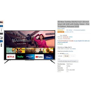 $259.99 All-New Toshiba 50LF621U21 50-inch Smart 4K UHD with Dolby Vision - Fire TV Edition, Released 2020电视
