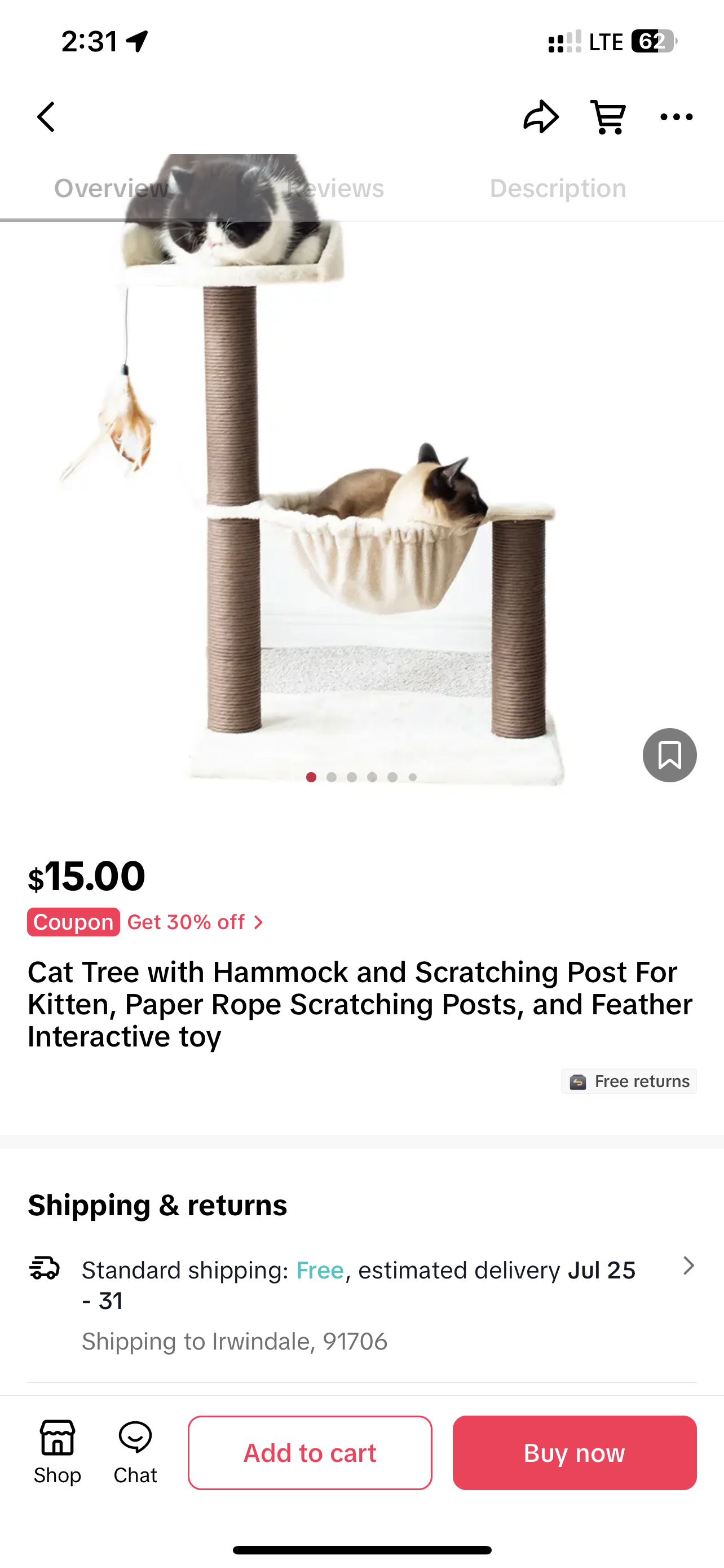 猫爬架 Cat Tree with Hammock