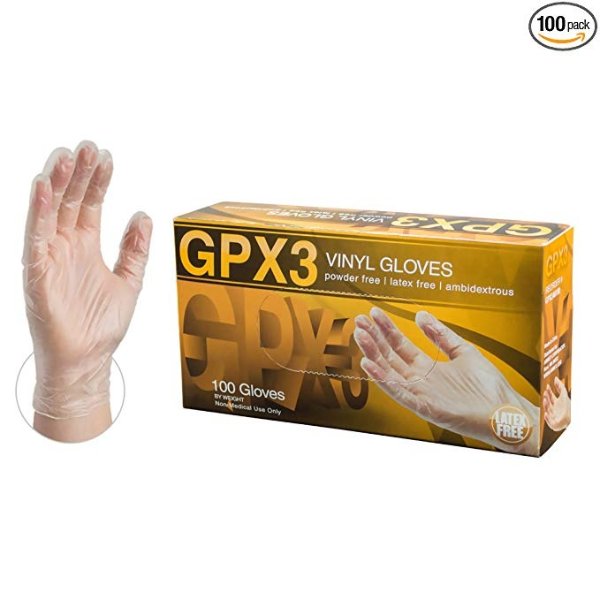 GPX3 Industrial Clear Vinyl Gloves - 3 mil, Latex Free, Powder Free, Disposable, Small, GPX342100-BX, Box of 100