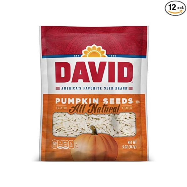 DAVID Roasted and Salted Pumpkin Seeds, 5 Oz, Keto Friendly, 12 Pack
