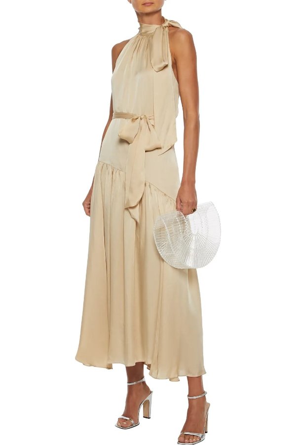 Belted gathered washed-silk maxi dress