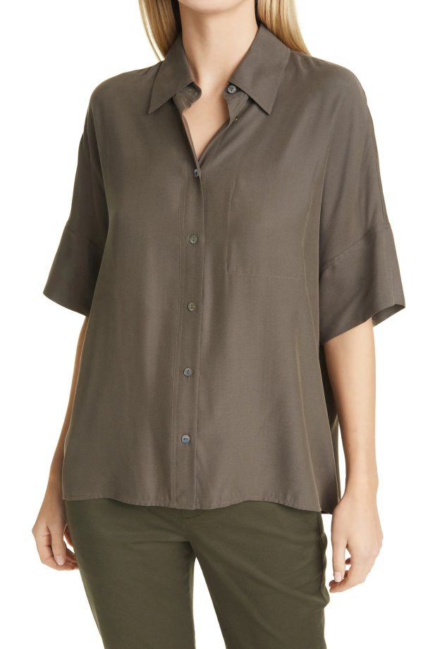 Silk Blend Utility Button-Up Shirt