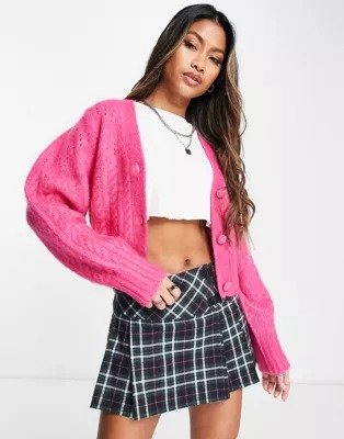 wool blend cable knit cardigan in pink