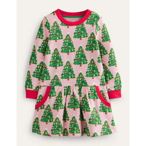 BodenCosy Printed Sweatshirt DressBoto Pink Christmas Trees