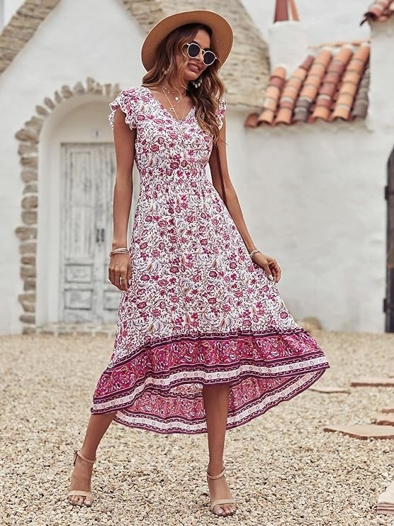 Women's Summer Maxi Dress Casual Floral V Neck Cap Sleeves Boho High Low Flowy Midi Long Sun Dresses