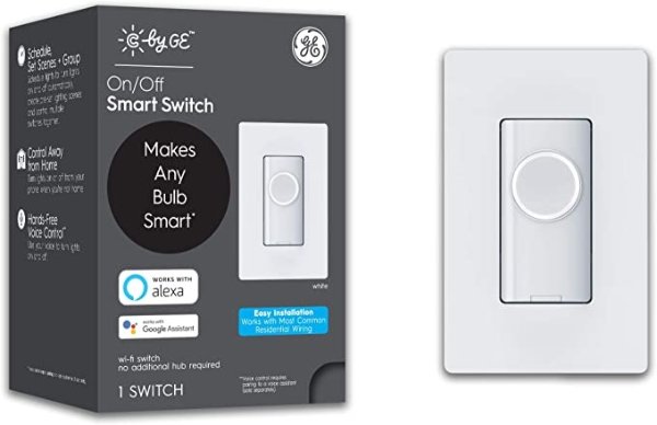 C by GE 3-Wire On/Off Button Style Smart Switch, Alexa and Google Home Compatible Without Hub, Smart Switch No Neutral Required, Bluetooth/WiFi Switch, Single-Pole/3-Way Smart Switch, White, 1-Pack