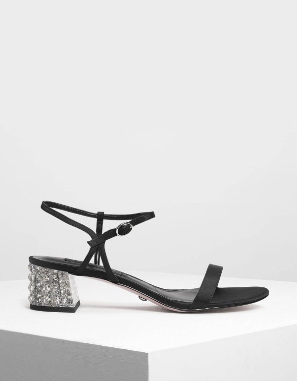 Black Faceted Lucite Heel Satin Sandals | CHARLES & KEITH US