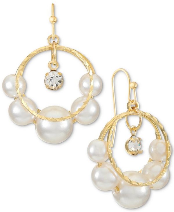 Gold-Tone Crystal Charm & Imitation Pearl Split Hoop Drop Earrings, Created for Macy's