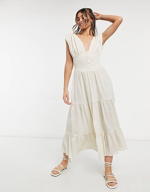 shirred waist button front tiered midi sundress in crinkle in oatmeal