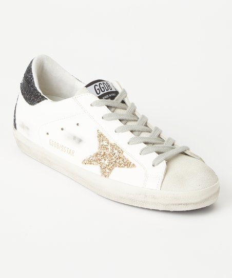 | White & Gold Glitter Star Leather Sneaker - Women