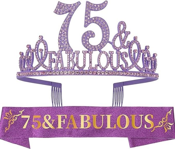 EBE EmmasbyEmma 75th Birthday Sash and Tiara for Women - Fabulous Glitter Sash + Fabulous Rhinestone Purple Premium Metal Tiara for Her, 75th Birthday Gifts for 75 Celebration