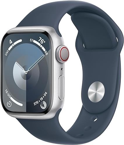 Watch Series 9 [GPS + Cellular 41mm] Smartwatch with Silver Aluminum Case with Storm Blue Sport Band S/M. Fitness Tracker, Blood Oxygen & ECG Apps, Always-On Retina Display
