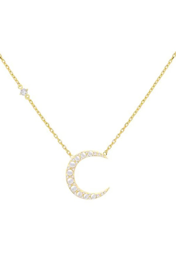 Pave Imitation Pearl Crescent Pendant Necklace