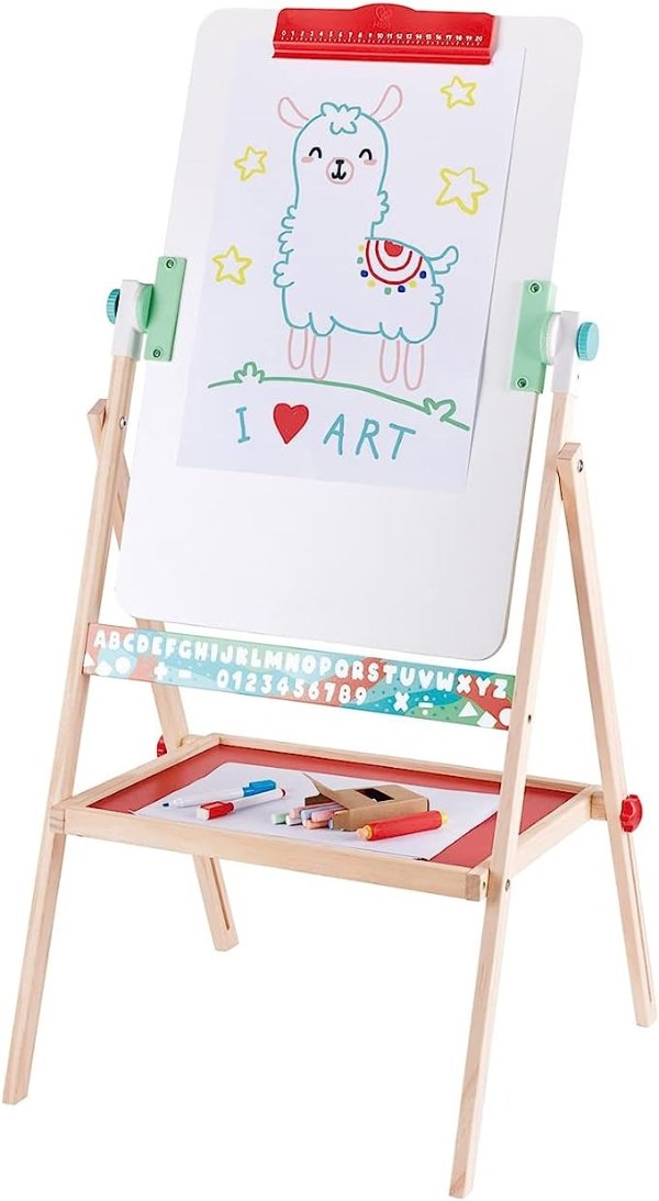 Standing Flip Flat 2 Sided Kids Artwork Easel with Chalk Blackboard and Marker Whiteboard, Includes 4 Chalks, 2 Marker Pens, and One Board Rubber