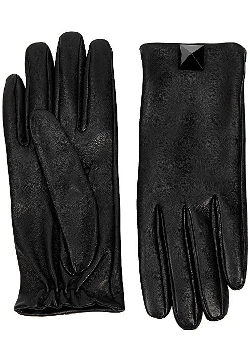 Garavani Roman Stud black leather gloves