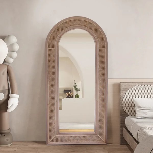 Boho Arch Full Length Floor Mirror Rattan Standing Mirror Wood Frame 67x28-Homary